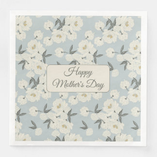 Line Drawn Peony in Cream on Light Blue-Napkin Serviette