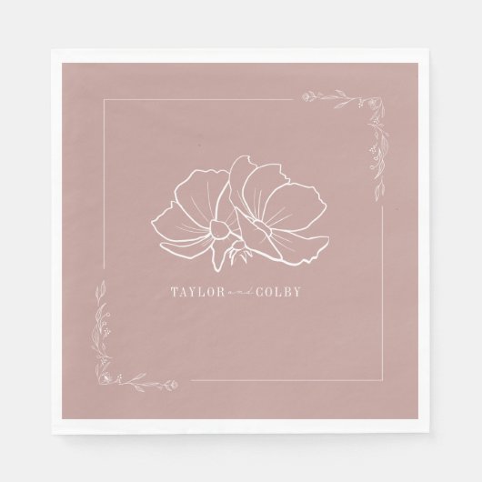 Line Floral Pink Earth Tone Hochzeit Serviette (Vorderseite)