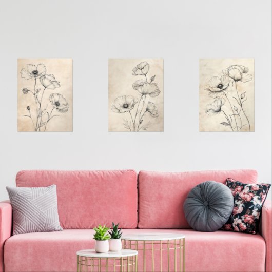 Line Gezeichnet Schwarze Wildblumen auf Beige Sepi Bilderwand Sets (Wohnzimmer)