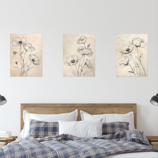 Line Gezeichnet Schwarze Wildblumen auf Beige Sepi Bilderwand Sets (Schlafzimmer)