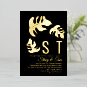 Line Monstera Leaf Hochzeit presst schwarz Folieneinladung (Stehend vorne)