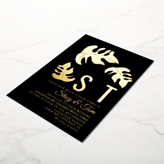 Line Monstera Leaf Hochzeit presst schwarz Folieneinladung (Gedreht)