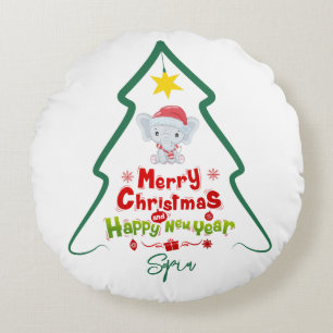 Line Tree Weihnachten und glückliches neues Jahr E Rundes Kissen