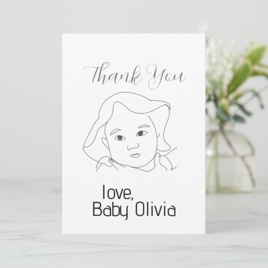 Line Zeichn Baby's Face DANK YOU Card Dankeskarte (Stehend Vorderseite)