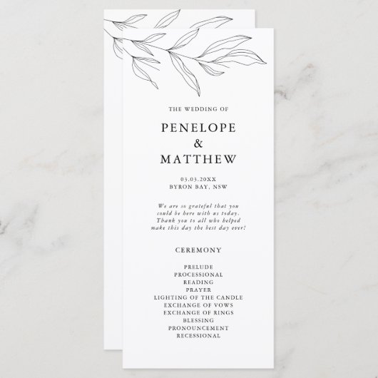 Line Zeichnend Foliage Leaf Hochzeitsprogramm (Vorne/Hinten)