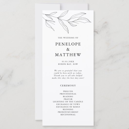 Line Zeichnend Foliage Leaf Hochzeitsprogramm (Vorderseite)