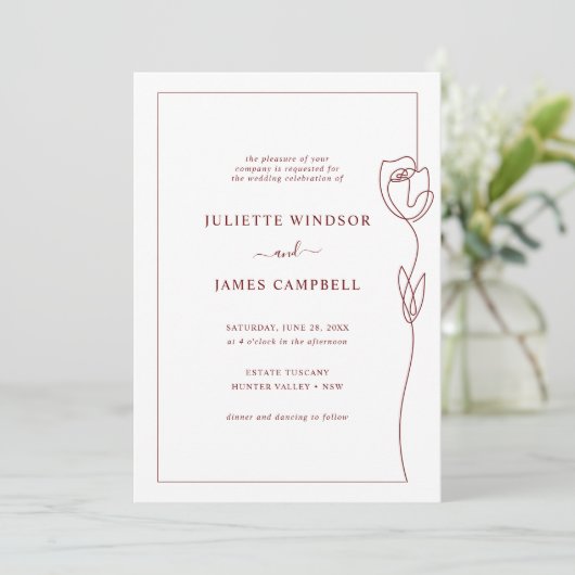 Line Zeichnend Rose Blume Hochzeit Einladung (Stehend Vorderseite)