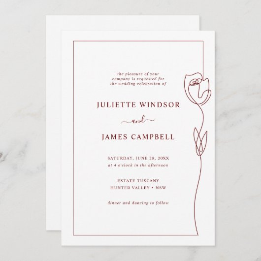 Line Zeichnend Rose Blume Hochzeit Einladung (Vorne/Hinten)