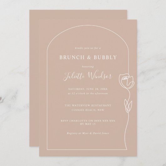 Line Zeichnend Rose Brunch & Bubbly Einladung (Vorne/Hinten)