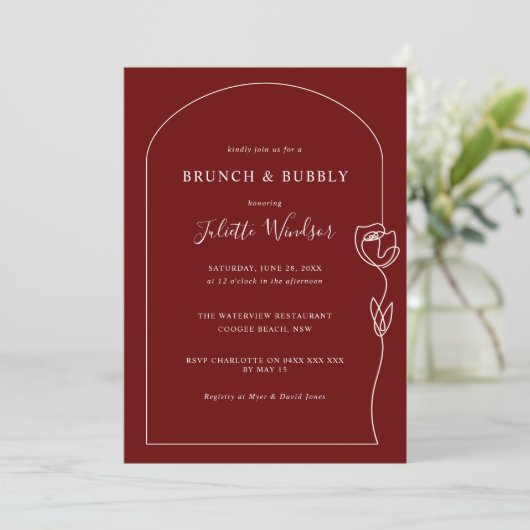 Line Zeichnend Rose Brunch & Bubbly Einladung (Stehend Vorderseite)