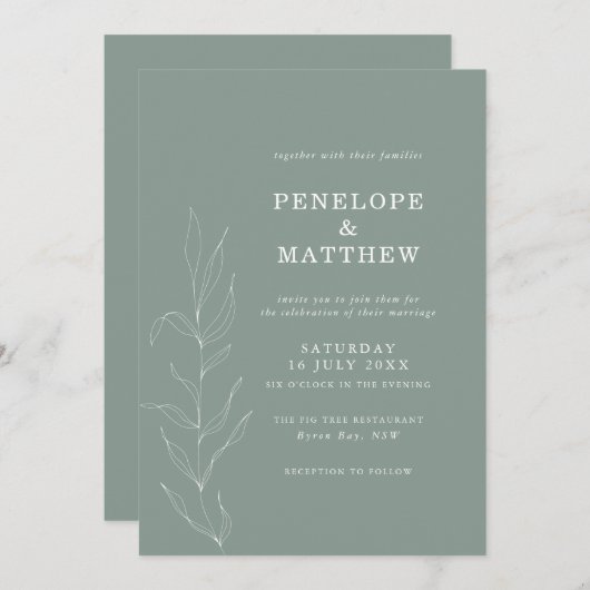 Line Zeichnend Sage Foliage Hochzeit Einladung (Vorne/Hinten)