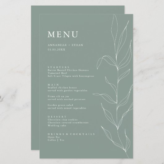 Line Zeichnend Sage Foliage Menu Card (Vorne/Hinten)