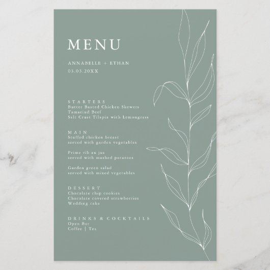 Line Zeichnend Sage Foliage Menu Card (Vorderseite)