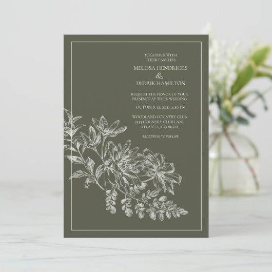 Line Zeichnend Waldgrüne Hochzeit Einladung (Stehend Vorderseite)