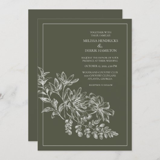 Line Zeichnend Waldgrüne Hochzeit Einladung (Vorne/Hinten)