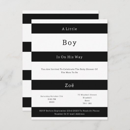 Linear Chic Black And White Stripes Baby Invite Br Postkarte (Vorne/Hinten)