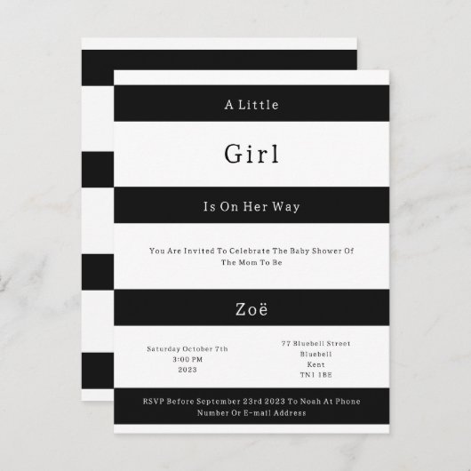 Linear Chic Black And White Stripes Baby Invite Postkarte (Vorne/Hinten)