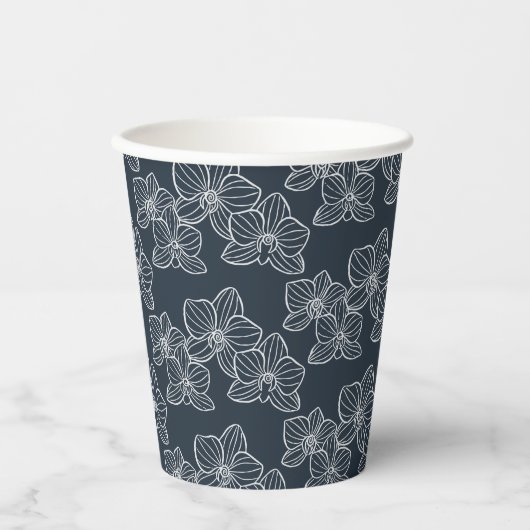 Linear Orchid | Botanical Floral Party Navy Pappbecher (Vorderseite)