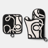 Lineare Überzeugung I: Abstrakt Schwarz & Weiß Ofenhandschuh & Topflappen-Set (Vorderseite)