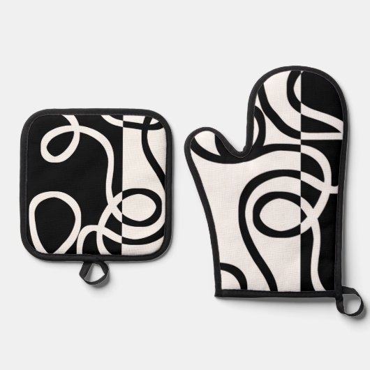 Lineare Überzeugung I: Abstrakt Schwarz & Weiß Ofenhandschuh & Topflappen-Set (Vorderseite)