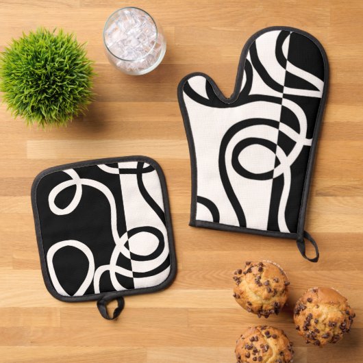 Lineare Überzeugung I: Abstrakt Schwarz & Weiß Ofenhandschuh & Topflappen-Set (Oben Unten)