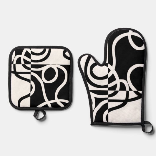 Lineare Überzeugung II: Abstrakt Schwarz und Weiß Ofenhandschuh & Topflappen-Set (Vorderseite)