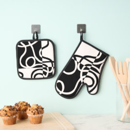 Lineare Überzeugung II: Abstrakt Schwarz und Weiß Ofenhandschuh & Topflappen-Set