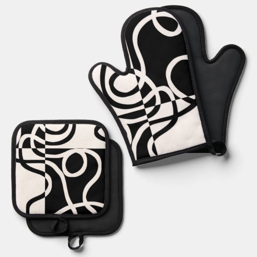 Lineare Überzeugung II: Abstrakt Schwarz und Weiß Ofenhandschuh & Topflappen-Set (Vorderseite/Rückseite)