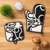 Lineare Überzeugung II: Abstrakt Schwarz und Weiß Ofenhandschuh & Topflappen-Set (Oben Unten)