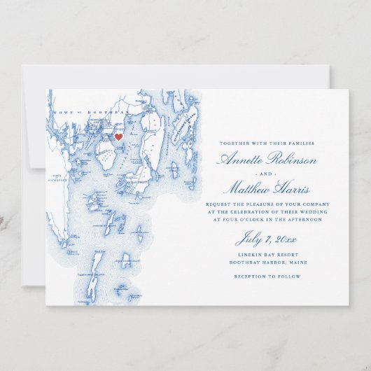 Linekin Bay Resort Boothbay Maine Navy Map Wedding Einladung (Vorderseite)