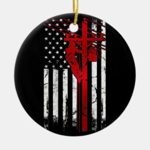 Lineman American Flag Electric Cable Lineman Keramik Ornament