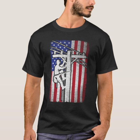 Lineman American Flag Electric Cable Lineworker T-Shirt (Vorderseite)