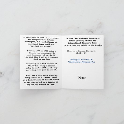 Lineman Apprecision Fun Trivia Card Karte (Innenseite)