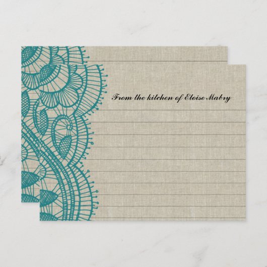 Linen and Teal Lace Personalized Recipe Cards Postkarte (Vorne/Hinten)
