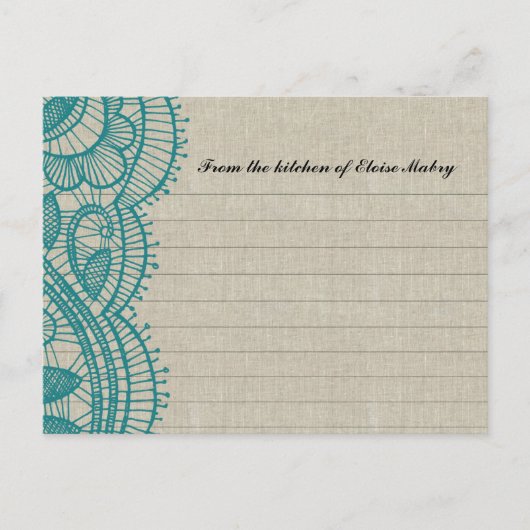 Linen and Teal Lace Personalized Recipe Cards Postkarte (Vorderseite)