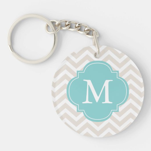 Linen Beige & Mint Zigzag Muster Monogram Schlüsselanhänger (Vorderseite)