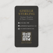 Linen Black White Gold Monogram QR Code Visitenkarte (Rückseite)