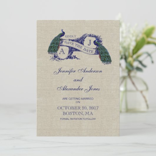 Linen Blue Peacock Save the Date Card (Stehend Vorderseite)