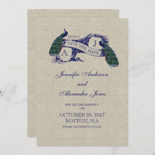 Linen Blue Peacock Save the Date Card (Vorne/Hinten)