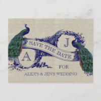 Linen Blue Peacock Save the Date Postkarte