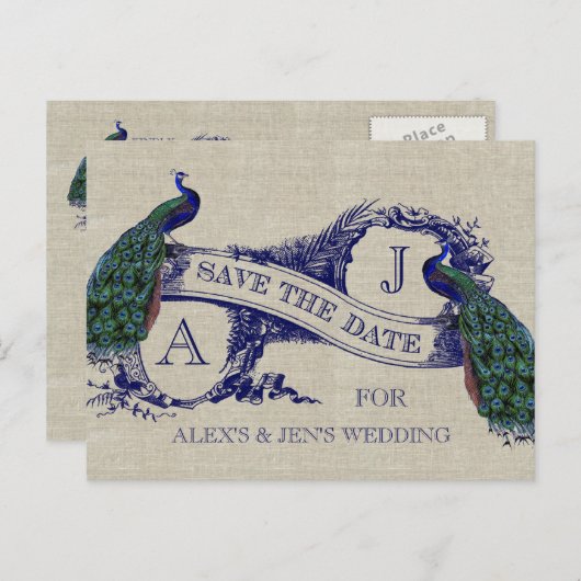 Linen Blue Peacock Save the Date Postkarte (Vorne/Hinten)
