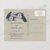 Linen Blue Peacock Save the Date Postkarte (Rückseite)