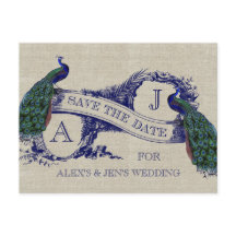Linen Blue Peacock Save the Date Postkarte