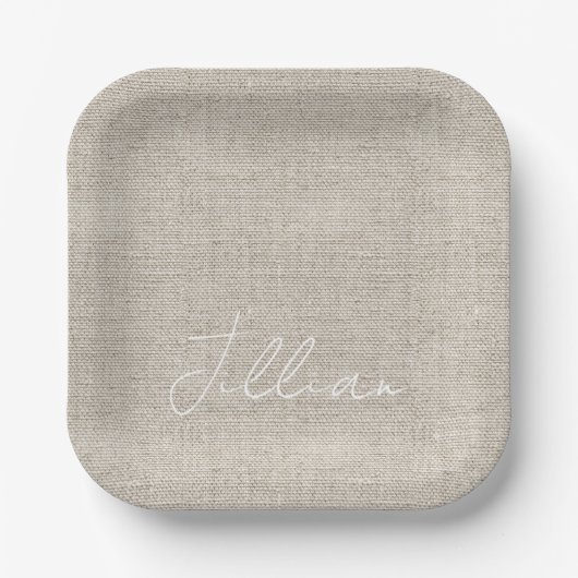 Linen Fabric NAME Chic Beige Weiß Zeitlos Pappteller (Vorderseite)