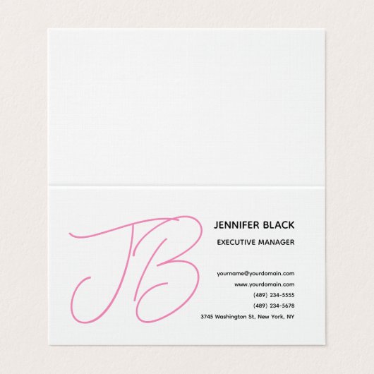 Linen fett Monogram Pink Weiß Moderne Schlicht Visitenkarten (Außenseite Aufgefaltet)