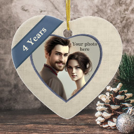 Linen Look 4. Geburtstag (blau): Fügen Sie ein Fot Keramik Ornament