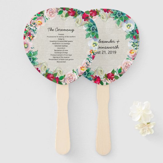 Linen Look Blumenzauber Hochzeitsprogramm Fan Fächer (Vorne und Hinten)