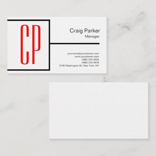 Linen Modernes Schwarz-weißes Rotes Monogramm Beru Visitenkarte (Vorne/Hinten)