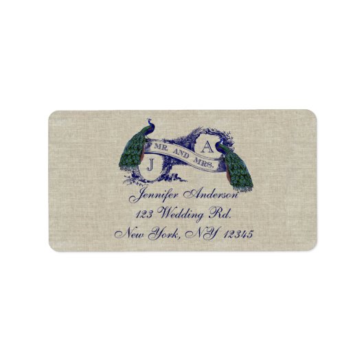 Linen Peacock Rustic Wedding RSVP Labels Adressaufkleber (Vorne)