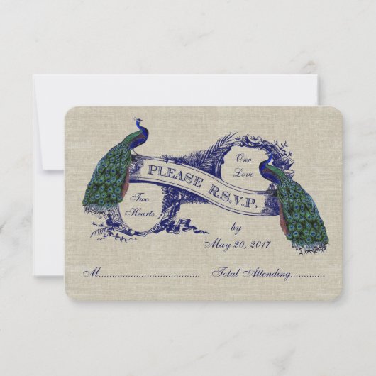 Linen Peacocks Rustic Wedding RSVP Cards (Vorderseite)